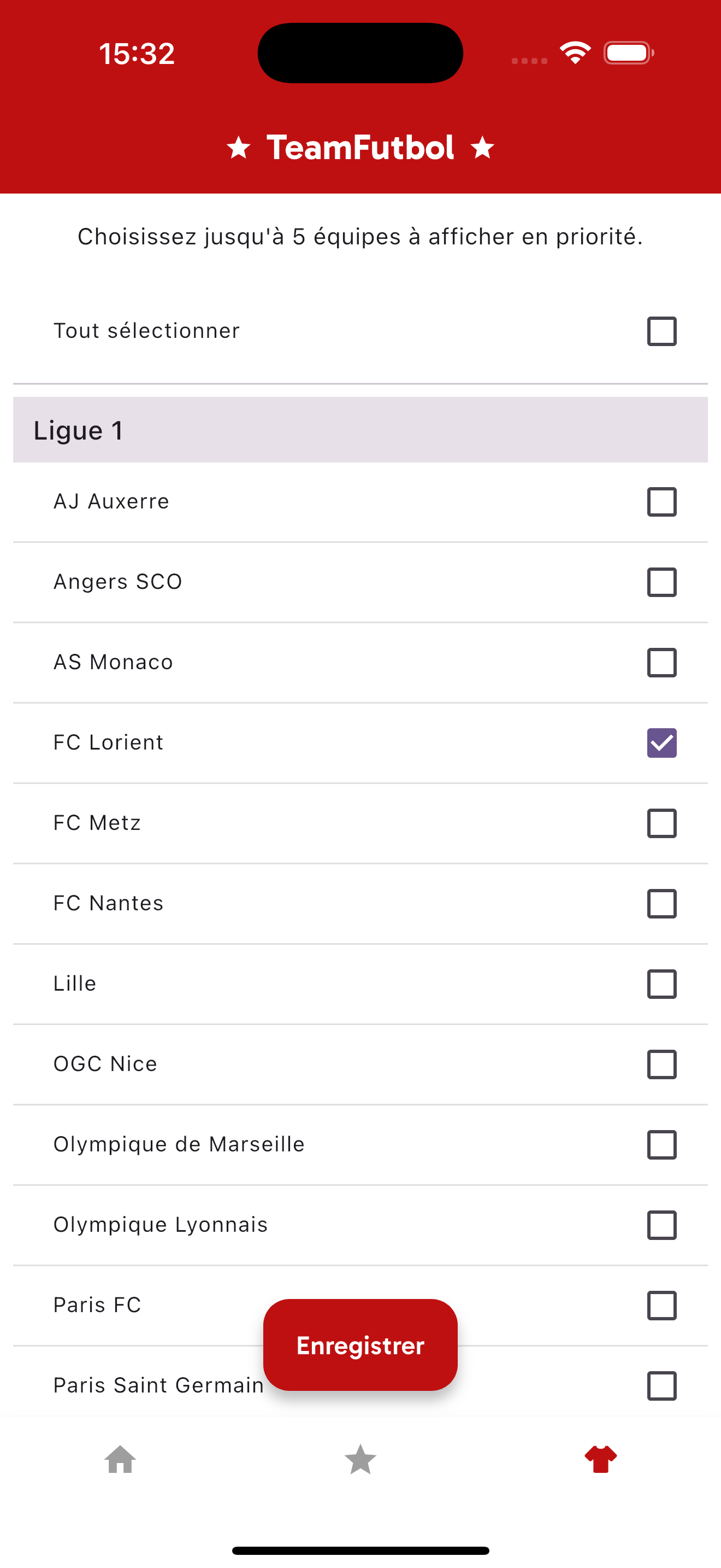 Écran – Choix des équipes favorites